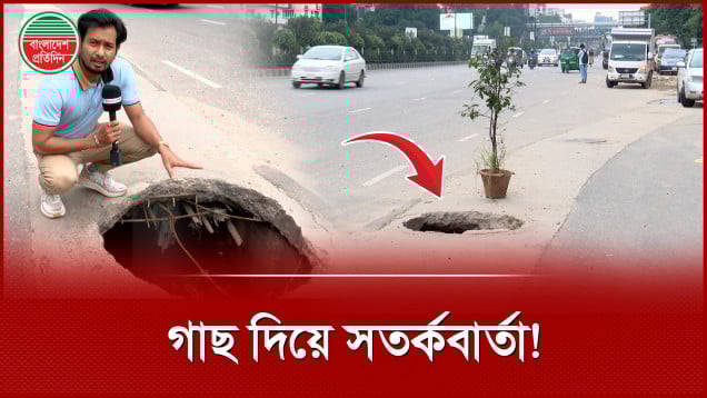 সড়কের মাঝে গাছ দিয়ে সতর্কবার্তা, বনানীতে অনিরাপদ মূল সড়ক