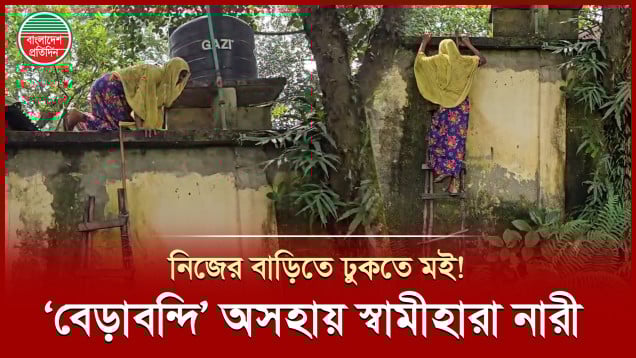 নিজের বাড়িতে ঢুকতে মই! বসতভিটা বিক্রি না করায় ‘বেড়াবন্দি’ স্বামীহারা নারী!