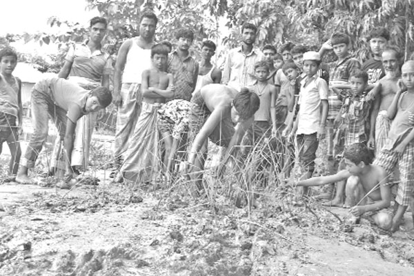 বেহাল রাস্তায় ধান লাগিয়ে প্রতিবাদ
