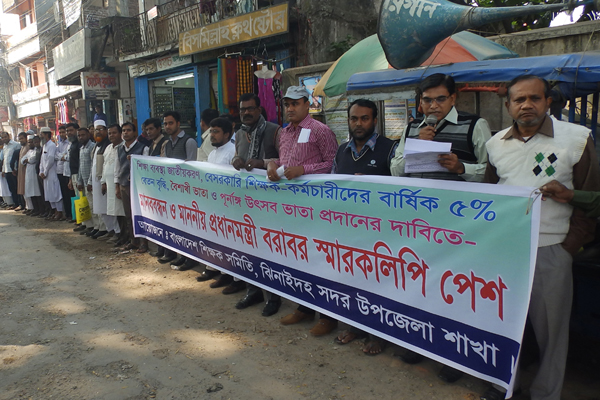 বেতন-ভাতার দাবিতে ঝিনাইদহে শিক্ষক-কর্মচারীদের মানববন্ধন