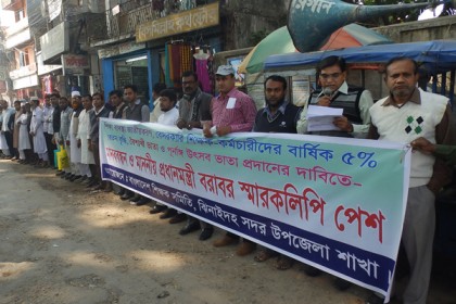 বেতন-ভাতার দাবিতে ঝিনাইদহে শিক্ষক-কর্মচারীদের মানববন্ধন