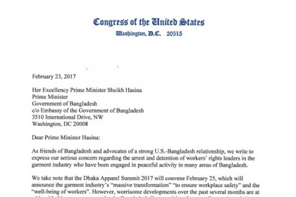 শেখ হাসিনাকে ১১ মার্কিন কংগ্রেসম্যানের চিঠি