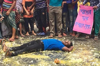 সড়কে ডিম ভেঙে মুরগি খামারিদের প্রতিবাদ