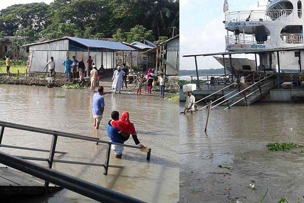 বাবুগঞ্জে হাঁটু পানি মারিয়ে লঞ্চে উঠতে হয় যাত্রীদের 