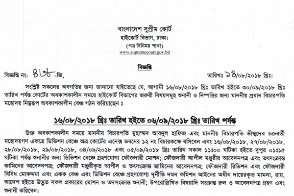 সুপ্রিম কোর্টে দেড় মাসের ছুটি শুরু