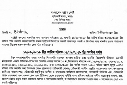 সুপ্রিম কোর্টে দেড় মাসের ছুটি শুরু