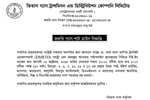 মিরপুরে আজ ১০ ঘণ্টা গ্যাস সরবরাহ বন্ধ থাকবে