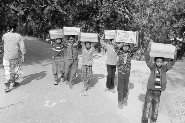 বিস্কুট দিচ্ছে সরকার কার্টন বইছে শিশুরা!