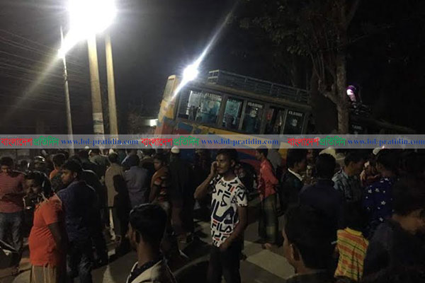 বরিশালে চাকা ফেটে বাস খাদে