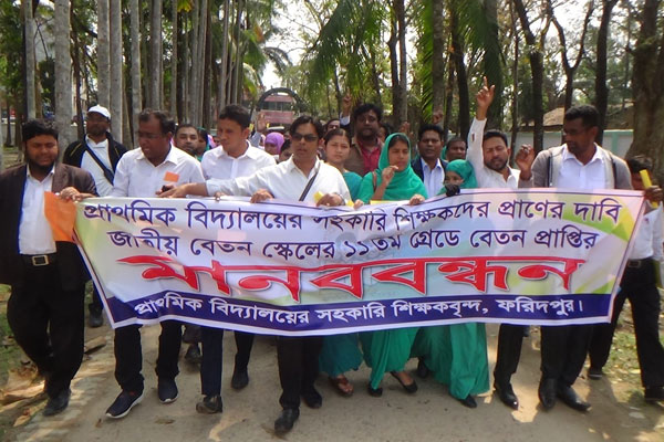 ফরিদপুরে ১১তম গ্রেডে বেতন নির্ধারণের জন্য শিক্ষকদের মানববন্ধন 

