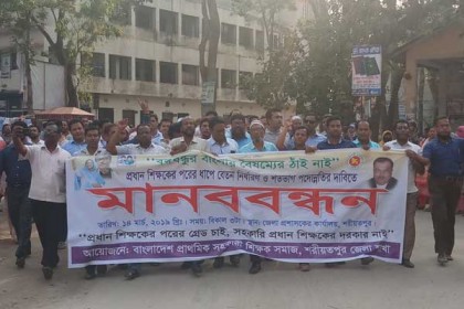 শরীয়তপুরে প্রাথমিকের সহকারী শিক্ষকদের মানববন্ধন