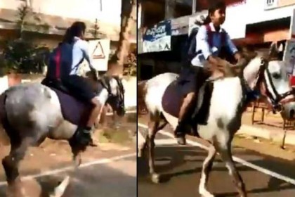 স্কুলছাত্রীর ঘোড়ায় চড়ে যাওয়ার ভিডিও ঝড় তুলেছে ইন্টারনেটে