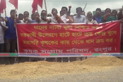 রংপুরে মহাসড়কে ধান ফেলে কৃষকদের বিক্ষোভ 