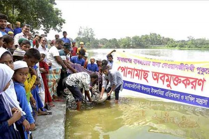 দিনাজপুরে দেওয়ানজীদিঘী পুকুরে মাছের পোনা অবমুক্তকরণ 