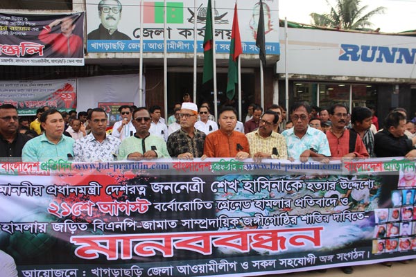 গ্রেনেড হামলায় জড়িতদের শাস্তির দাবীতে খাগড়াছড়িতে মানববন্ধন