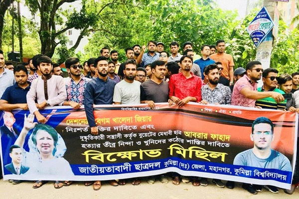 আবরার হত্যার প্রতিবাদে কুমিল্লায় ছাত্রদল ও প্রগতিশীল ছাত্র জোটের বিক্ষোভ

