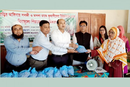 নকলায় কৃষাণীদের মাঝে বিনামূল্যে পিয়াজের কন্দ বিতরণ