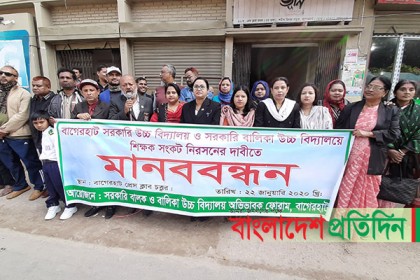 বাগেরহাটে দুই স্কুলে শিক্ষক নিয়োগের দাবিতে মানববন্ধন 