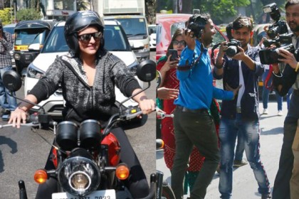 ব্যস্ত রাস্তায় নায়িকার বাইক চালানো দেখতে জনতার ভীড়