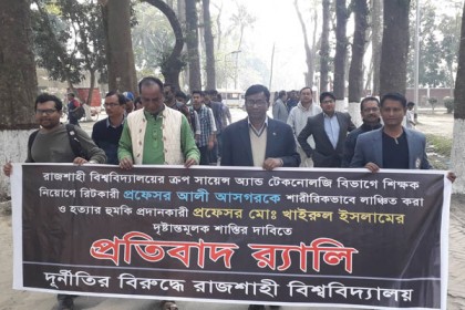 রাবিতে শিক্ষক লাঞ্চনার প্রতিবাদে মৌন মিছিল-মানববন্ধন