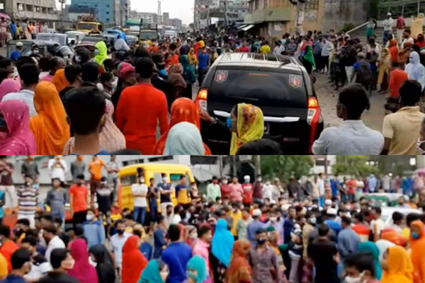 বেতনের দাবিতে লকডাউন ভেঙে সড়কে পোশাক শ্রমিকরা