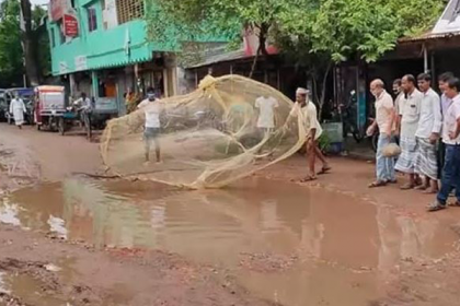 বাগাতিপাড়ায় সড়কের খানাখন্দে জাল ফেলে প্রতিবাদ