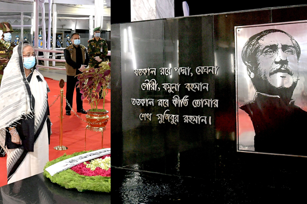 বঙ্গবন্ধুর প্রতিকৃতিতে প্রধানমন্ত্রীর শ্রদ্ধা