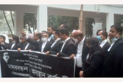 বঙ্গবন্ধুর ভাস্কর্য ভাঙার প্রতিবাদে সুপ্রিমকোর্টে আওয়ামী আইনজীবীদের মানববন্ধন 

