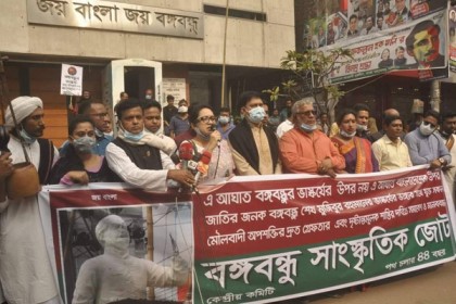 ভাস্কর্য ভাঙার প্রতিবাদে ঢাকায় সংস্কৃতি কর্মীদের মানববন্ধন