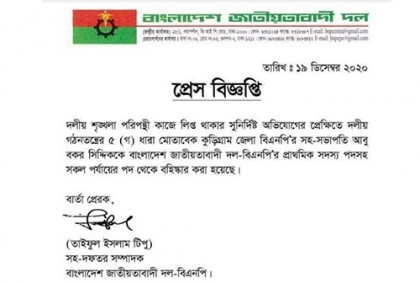 কুড়িগ্রাম জেলা বিএনপির সহ-সভাপতি আবু বকর সিদ্দিককে বহিষ্কার