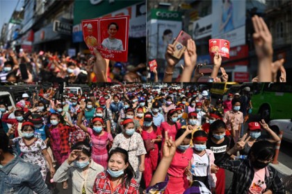 মিয়ানমারে ‘সামরিক স্বৈরাচার নিপাত যাক’ স্লোগানে বিক্ষোভ