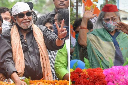 বিজেপির পতাকা নিয়ে মিছিল মিঠুনের, আরও চার দিন তৃণমূলের হয়ে প্রচারে জয়া