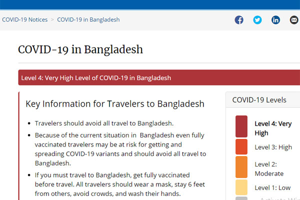 মার্কিন নাগরিকদের বাংলাদেশ ভ্রমণ বাতিলের পরামর্শ সিডিসির