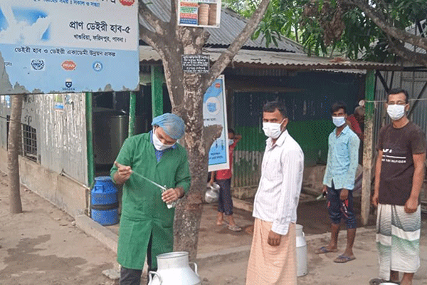 লকডাউনে স্বাস্থ্যবিধি মেনে খামারীদের দুধ নিচ্ছে প্রাণ ডেইরী