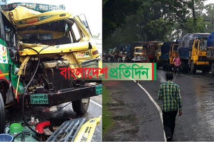 গৌরনদীতে বাস-কাভার্ড ভ্যানের সংঘর্ষ, ৭ ঘণ্টা যান চলাচল বন্ধ