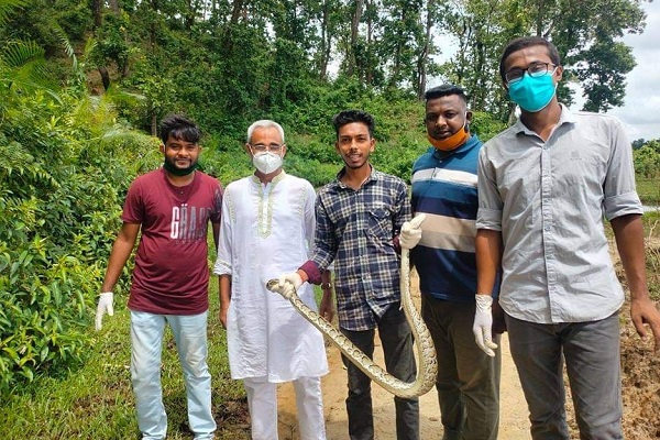 লোহার খাঁচা থেকে উদ্ধারকৃত সেই ৬ ফুট লম্বা অজগর বনে অবমুক্ত