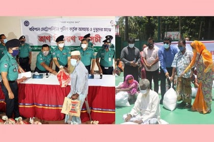বরিশালে উপার্জনহীন সাড়ে ৫শ’ মানুষের মাঝে ত্রাণ বিতরণ
