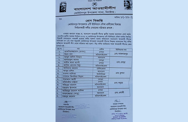 কোটচাঁদপুরে ১৭ বিদ্রোহী প্রার্থীকে আওয়ামী লীগ থেকে বহিষ্কার 