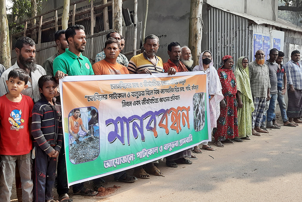 চলনবিলে জীববৈচিত্র্য ধ্বংসের প্রতিবাদে মানববন্ধন