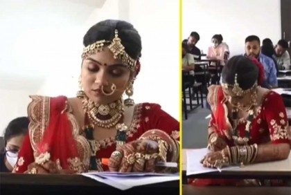 বিয়ের সাজে পরীক্ষার হলে কনে!

