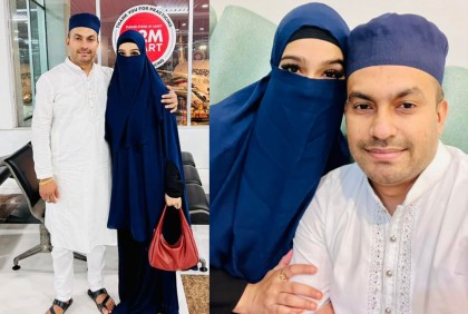 বোরকায় শরীর আচ্ছাদিত, স্বামীকে নিয়ে মক্কা গেলেন মাহি