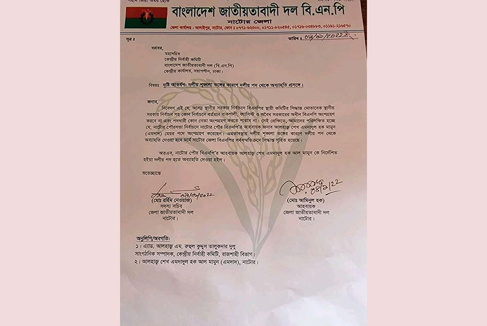 নাটোরে তিন মেয়র প্রার্থীকে বিএনপি থেকে অব্যাহতি