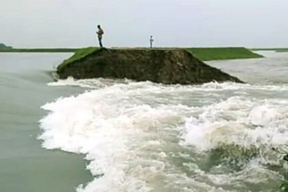 হাওরের বাঁধ ভেঙে ঢুকছে পানি