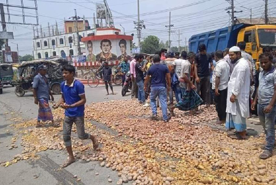 ন্যায্য মূল্যের দাবিতে রাস্তায় আলু ঢেলে প্রতিবাদ