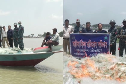 বরিশালে ২০ হাজার মিটার অবৈধ জাল ধ্বংস