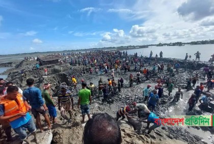 ভাঙা বাঁধ মেরামতে সহস্রাধিক মানুষ, রক্ষা পেল ফসলি জমি মাছের ঘের