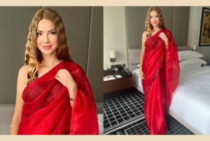 লাল শাড়িতে ওটিলিয়া