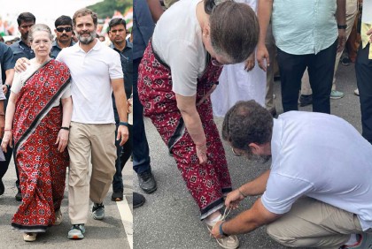 মায়ের জুতার ফিতা বেঁধে দিলেন রাহুল, নেটিজেনদের প্রশংসা