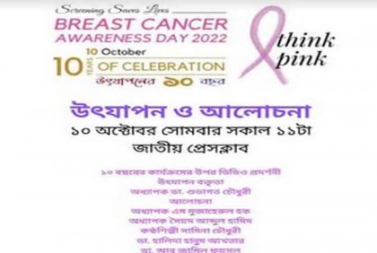 স্তন ক্যান্সার সচেতনতা দিবস উপলক্ষে শোভাযাত্রা সোমবার

