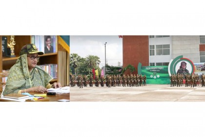 ভিটিসির মাধ্যমে সেনাবাহিনীর একটি ব্রিগেড এবং চারটি ইউনিটের পতাকা উত্তোলন করলেন প্রধানমন্ত্রী 
